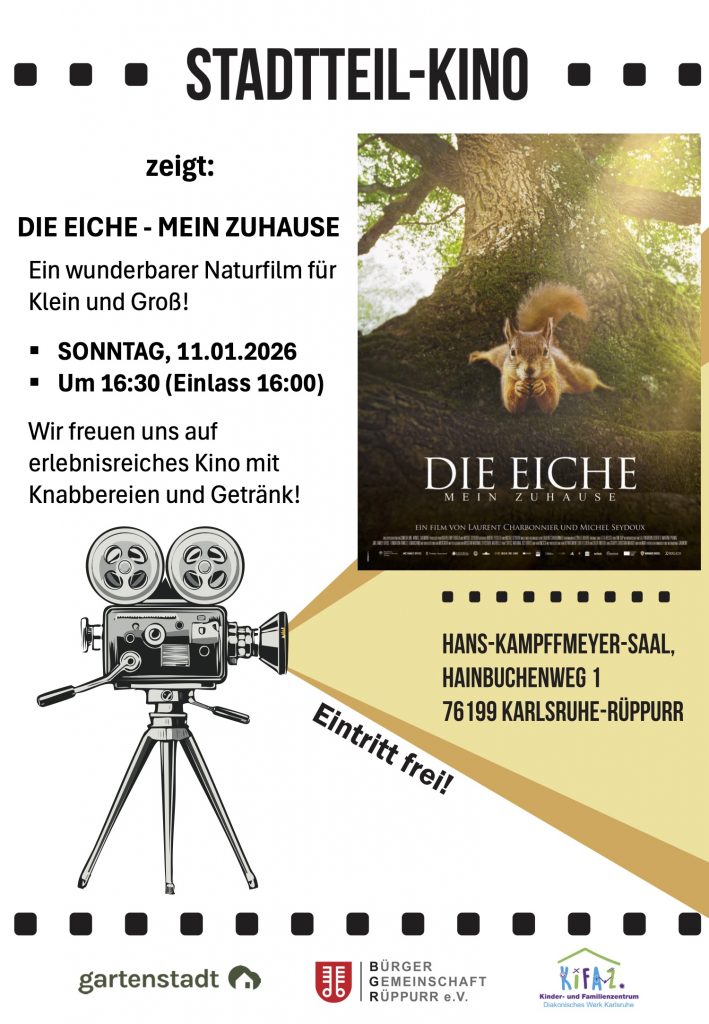 Plakat für die Veranstaltung. Es ist auch das original Kino Poster des Films "Die Eiche" zu sehen. Darauf ist eine große Eiche zu sehen mit einem Eichhörnchen, welches auf dem Baum liegend einen anschaut.
