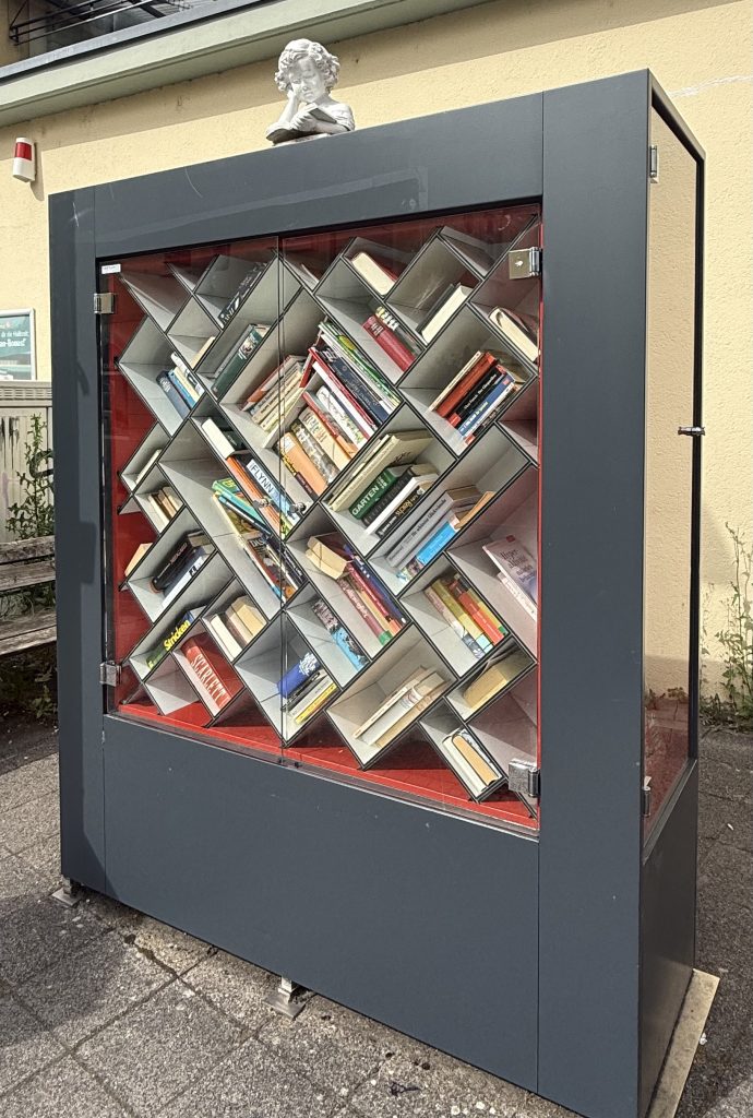 Auf dem Foto ist in voller Größe der graue Bücherschrank zu sehen. Ansicht von vorne. Hinter den zwei großen Glastüren sieht man die Bucher in Regalen liegen. Die Regale sind nicht wie üblich horizontal, sondern alle diagonal in 45 Grad Winkeln. Somit stehen die rechteckigen Fächer alle auf ihrer eigenen Ecke.